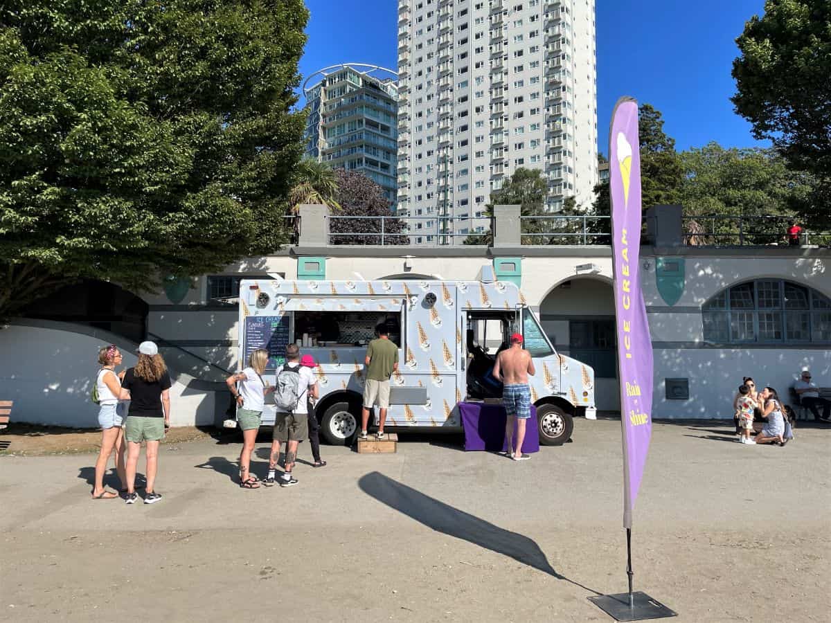 Rain or shine ice cream truck at english bay beach in Vancouver