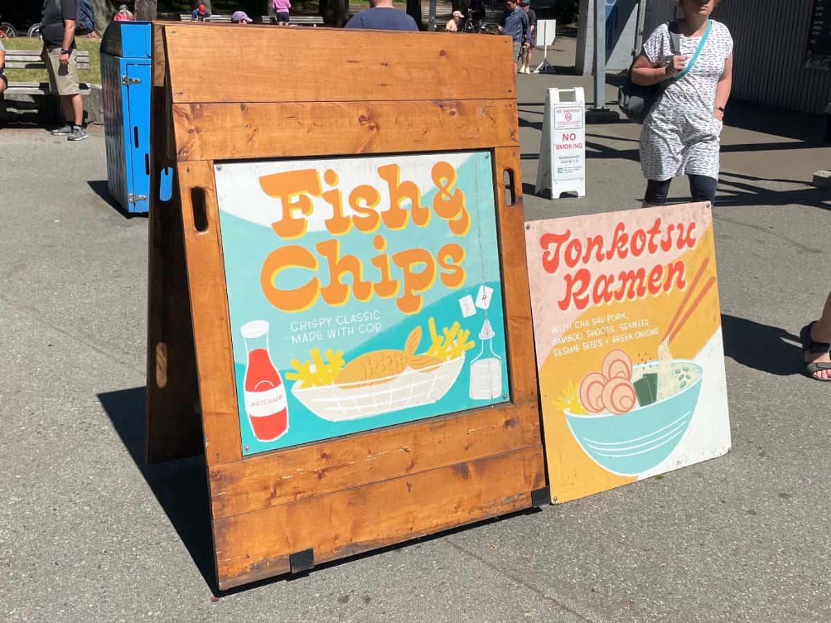 Fish and chips and ramen sandwich boards at second beach in vancouver