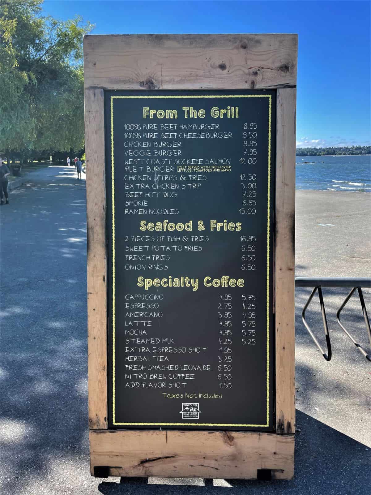 Menu for the concession stand at second beach in vancouver