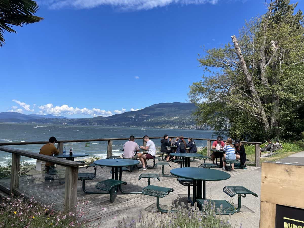 picnic tables at the third beach concession stand in vancouver