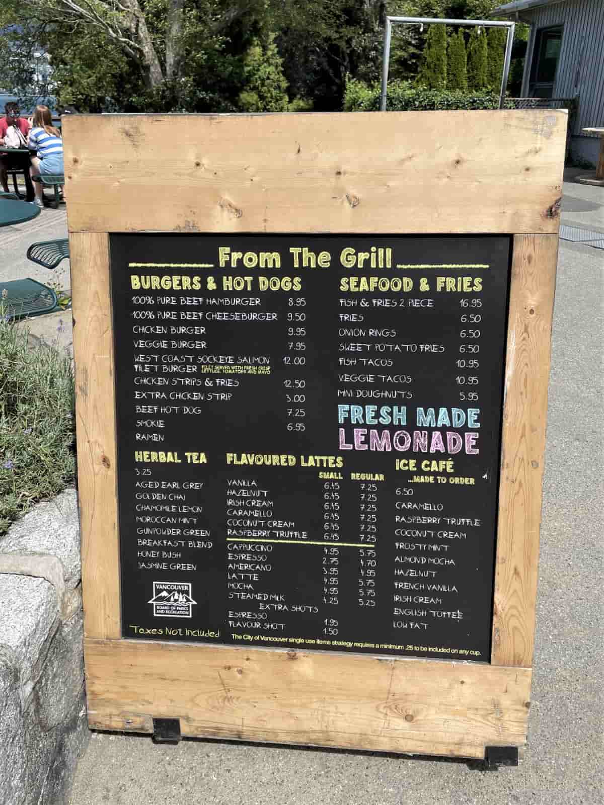 concession stand menu at third beach in vancouver