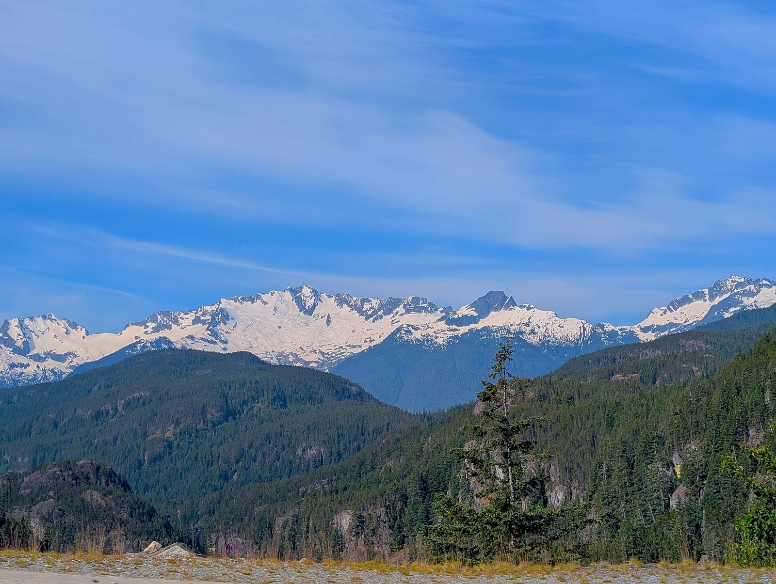 Snowy Tantalus Range above forested hills near Squamish