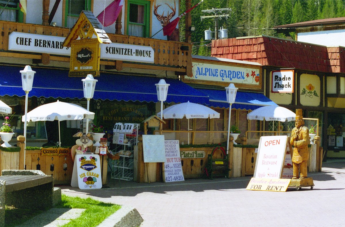 Bavarian-style shopfronts and patios on Kimberley's Platzl pedestrian street