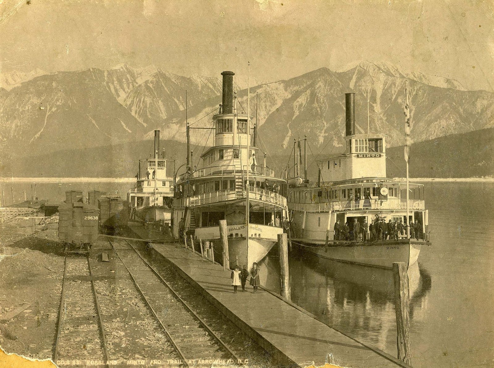 Sternwheelers Rossland, Minto and Trail docked at Arrowhead, BC