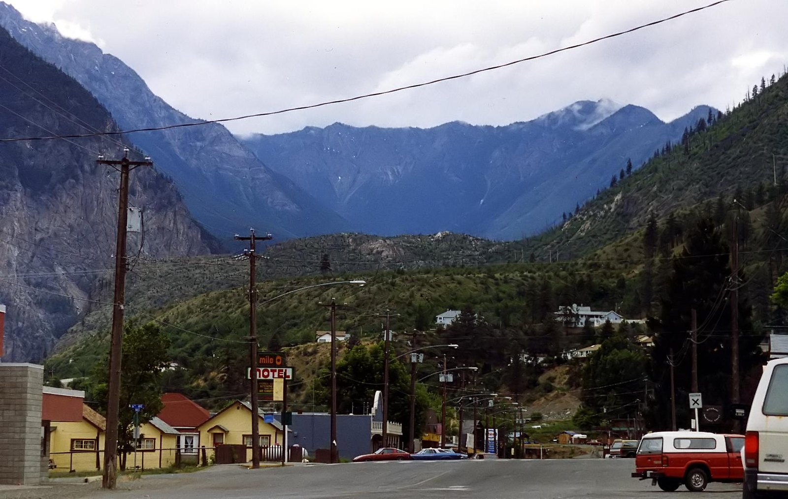 Lillooet's main street, with the Mile 0 Motel, in 1992