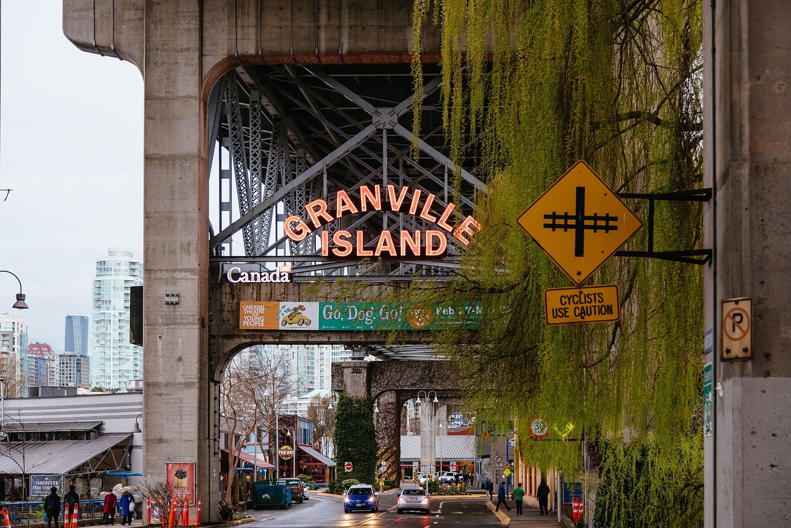 Granville Island neon sign under Granville Bridge, Vancouver