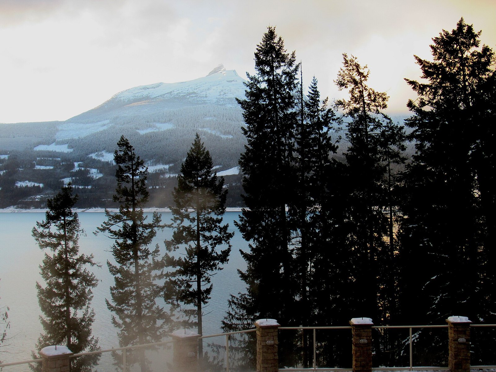 Snowy mountain across Upper Arrow Lake from steamy terrace