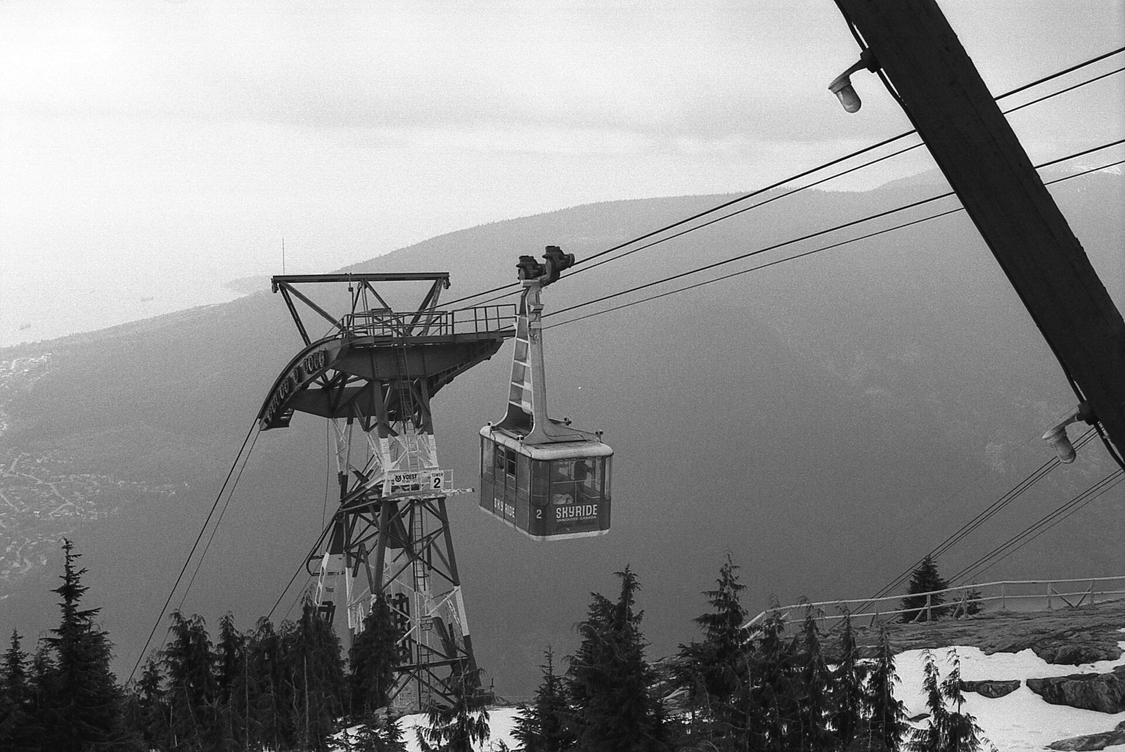 A Grouse Mountain Skyride car near the summit, late 1970s