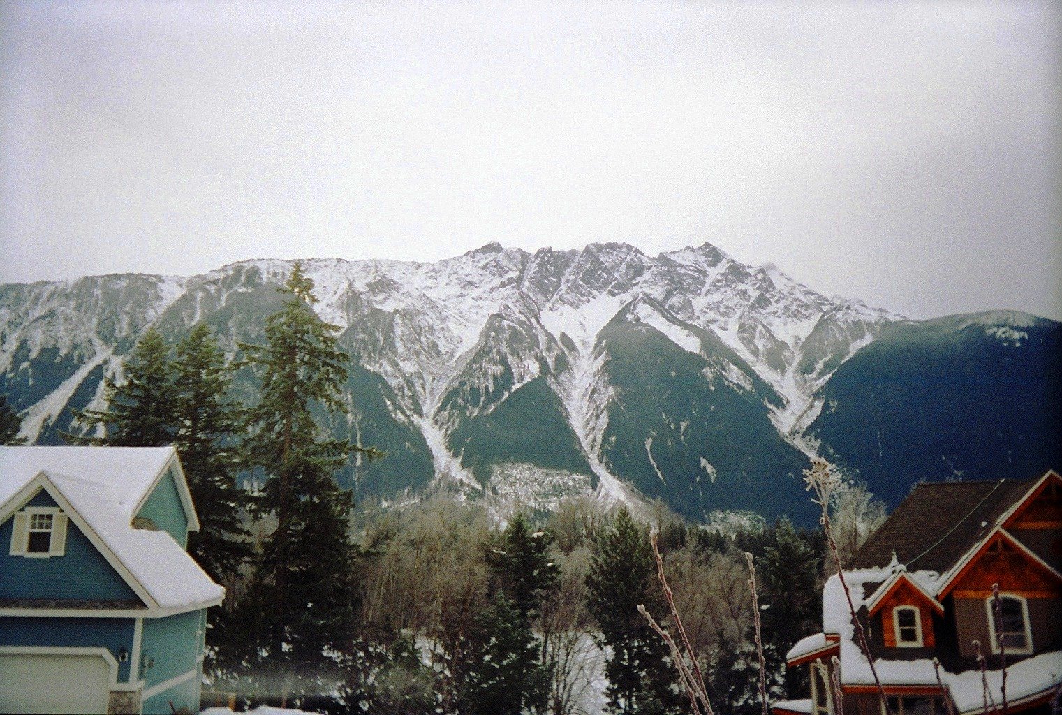 Snowy Mount Currie above Pemberton houses in winter