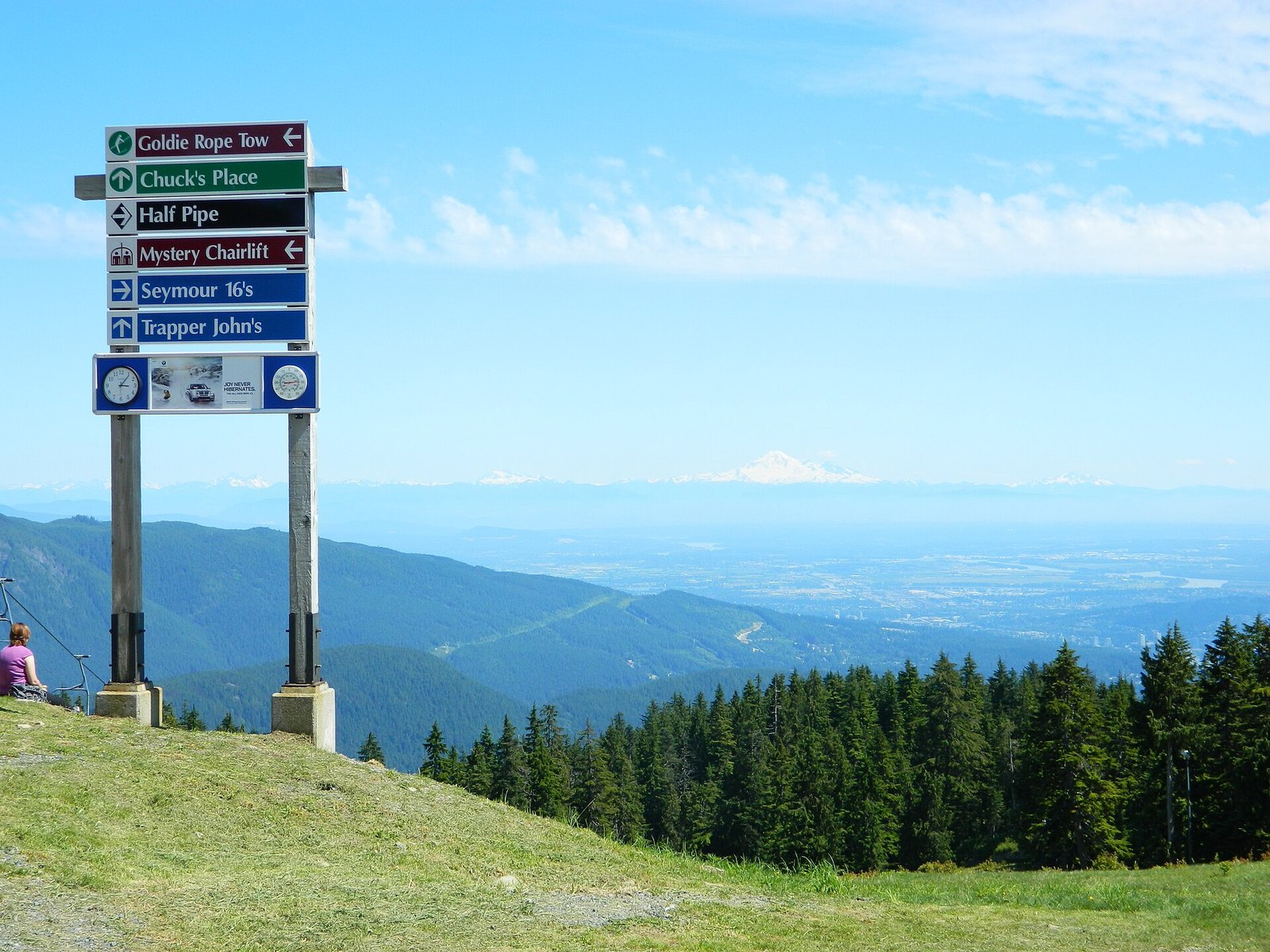Mt Seymour trail signpost overlooking Fraser Valley and Mount Baker