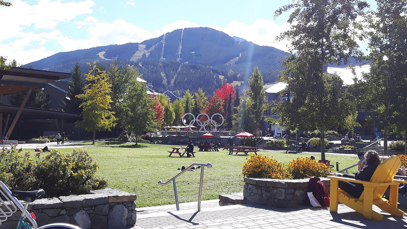 Whistler Olympic Plaza lawn and Olympic rings in autumn
