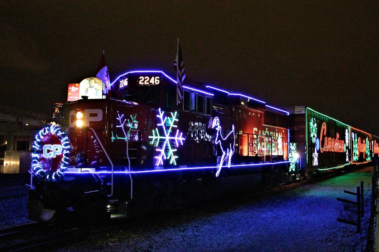 The CP Holiday Train arriving at Union Station in Kansas City, Missouri, in December 2018