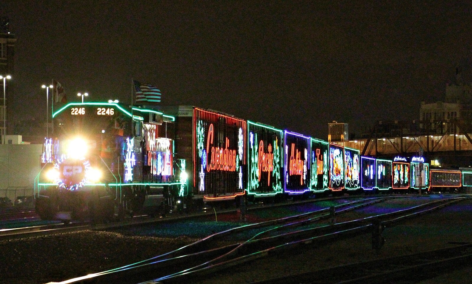 The illuminated CP Holiday Train in Kansas City, Missouri, in December 2018