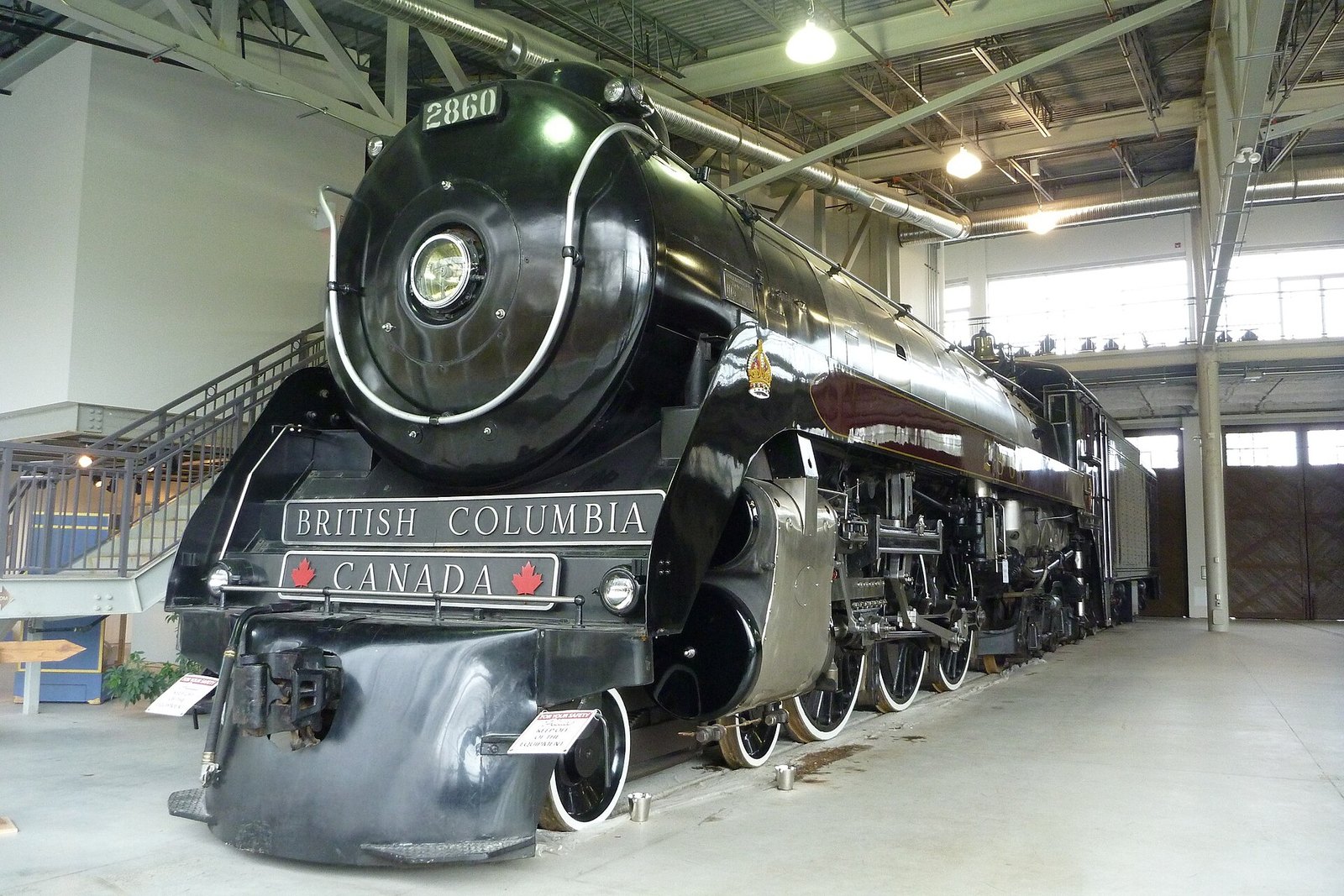 Royal Hudson 2860 inside the roundhouse at the West Coast Railway Heritage Park (now the Railway Museum of BC), Squamish