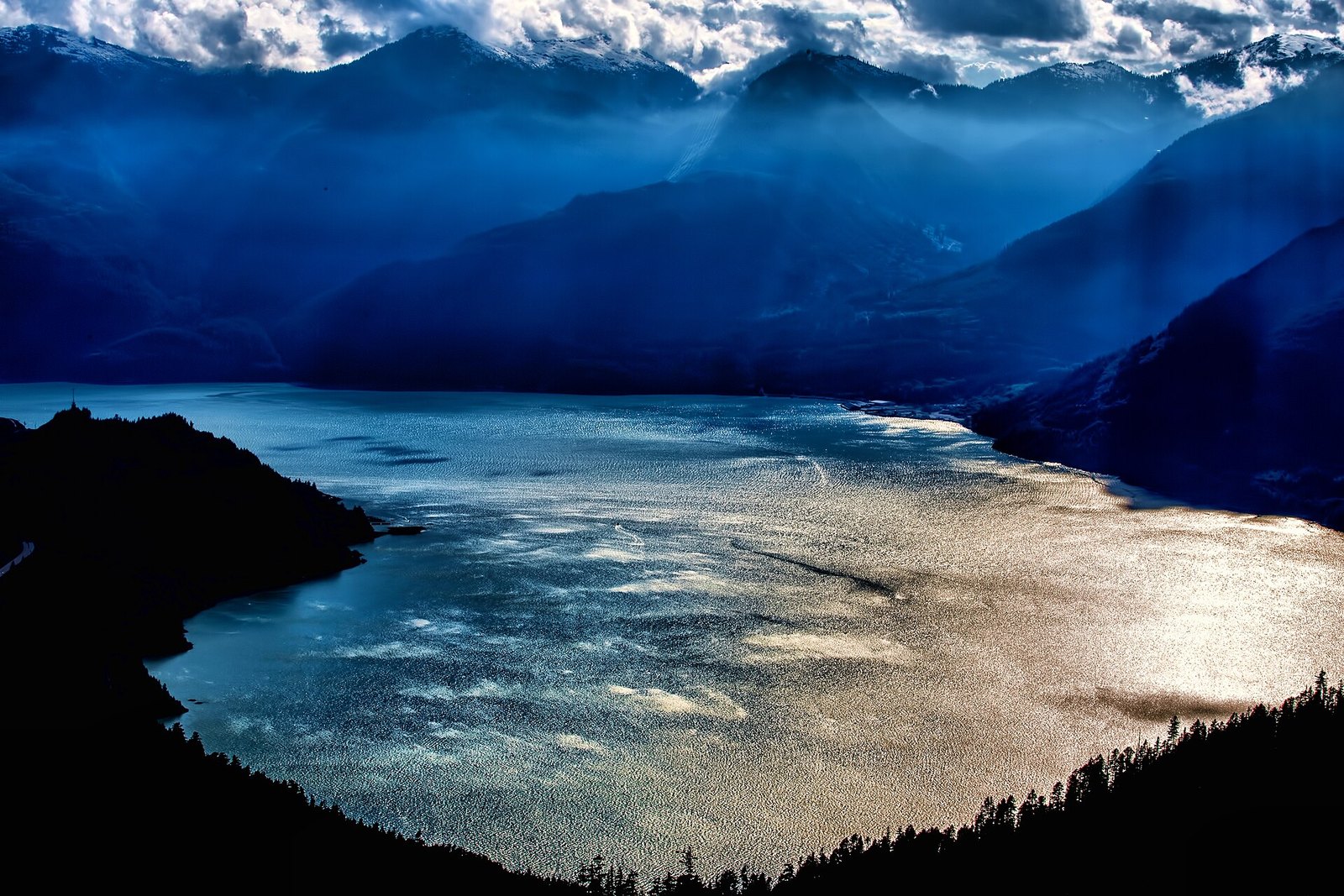 Howe Sound and misty mountains seen from high above