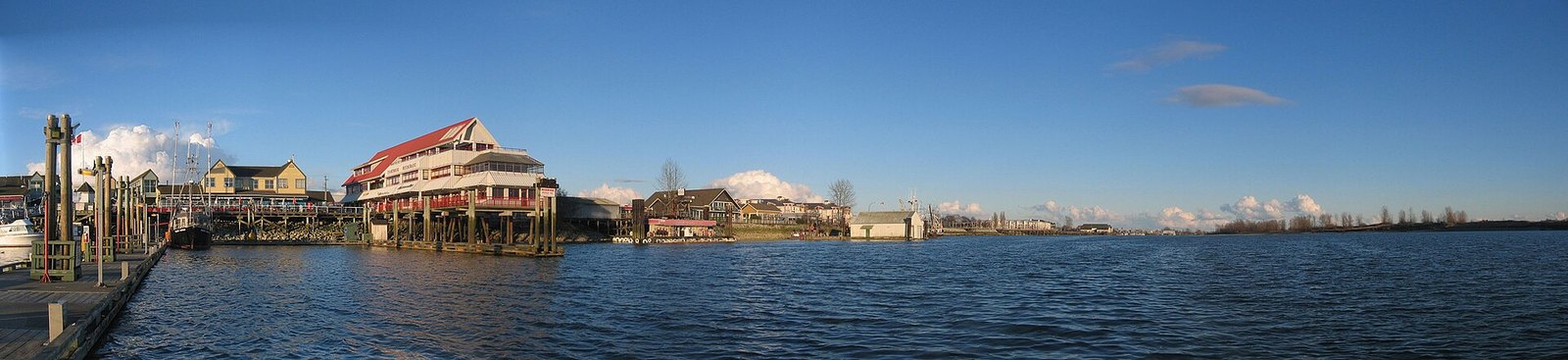 Steveston waterfront buildings and wharf along the Fraser River