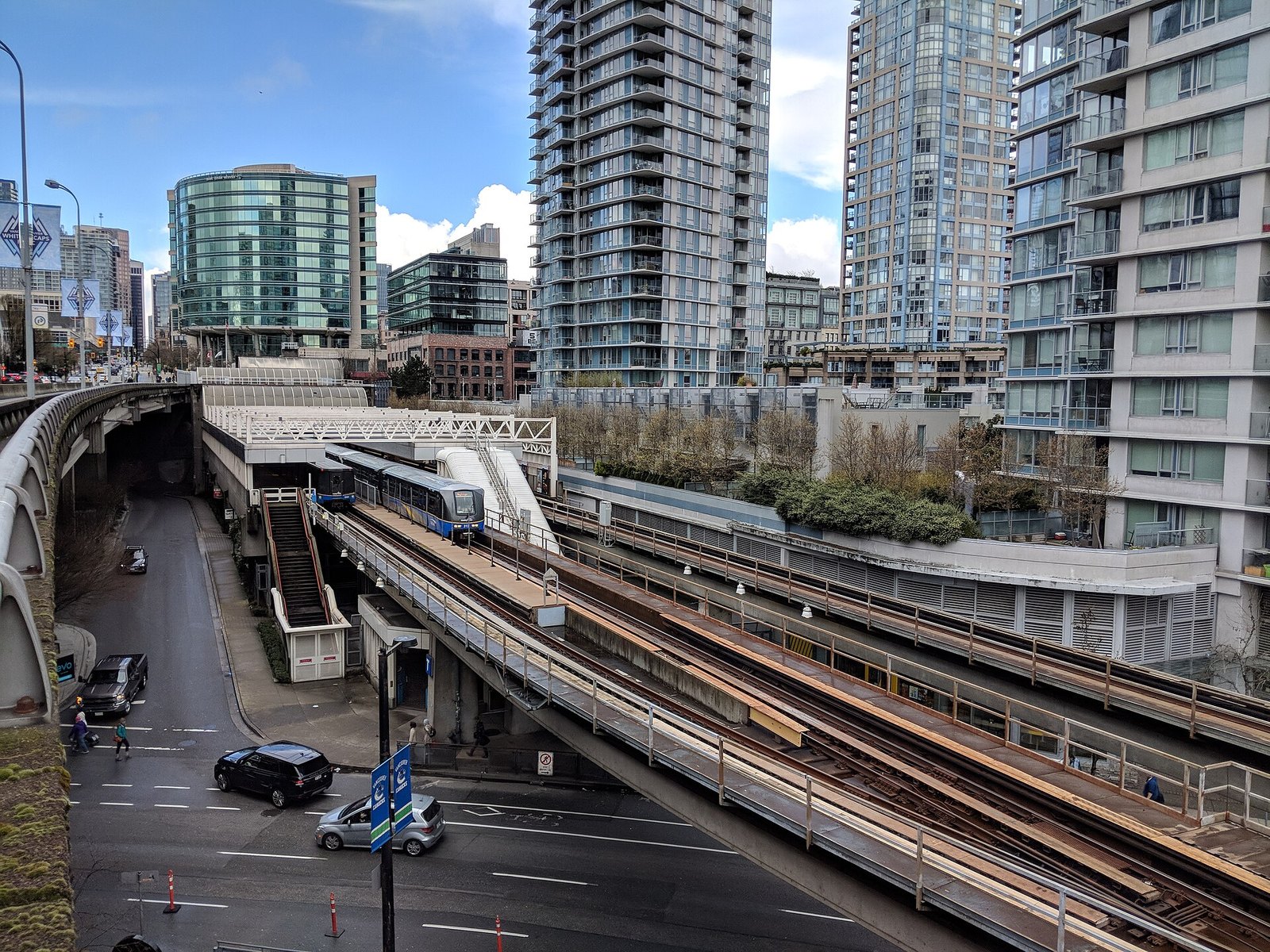 Stadium–Chinatown SkyTrain station beside the Dunsmuir Viaduct, which carries traffic onto Dunsmuir Street